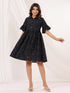 Janasya Women's Black Cotton Abstract Printed A-line Dress